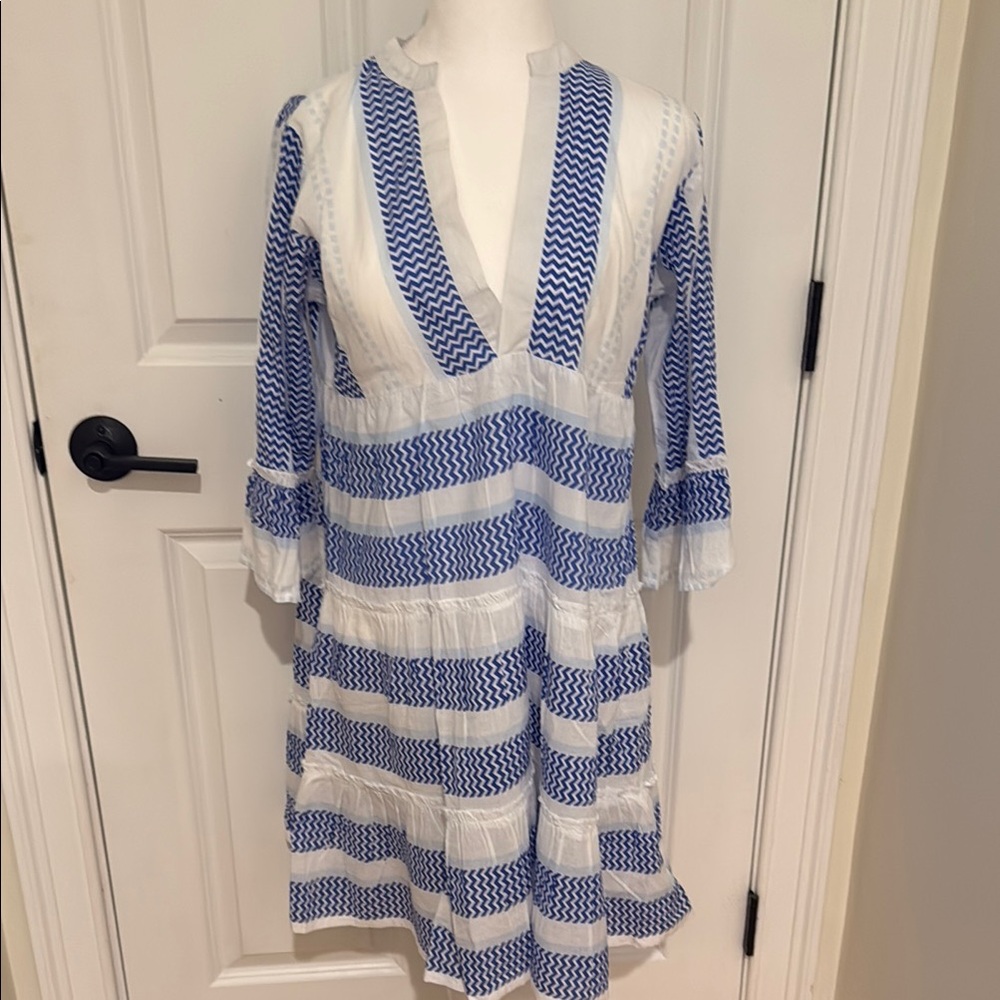 White and Blue Casual Dress with Plunge Neckline and Bell Sleeves